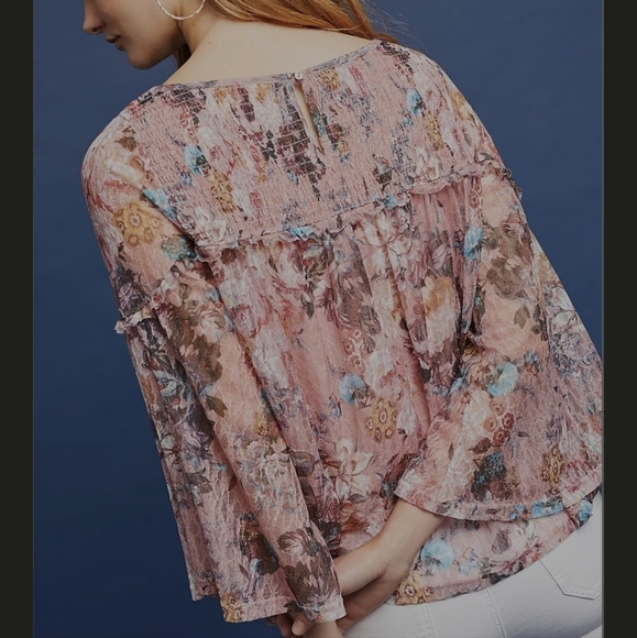 Anthropologie Akemi + Kin Patrizia Smocked Boat Neck Sheer Floral Top - Picture 7 of 11